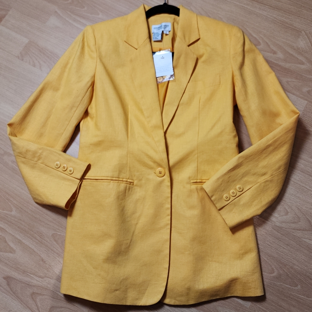 NWT Newport News Linen Cotton Yellow Single Button Blazer Size‎ 4